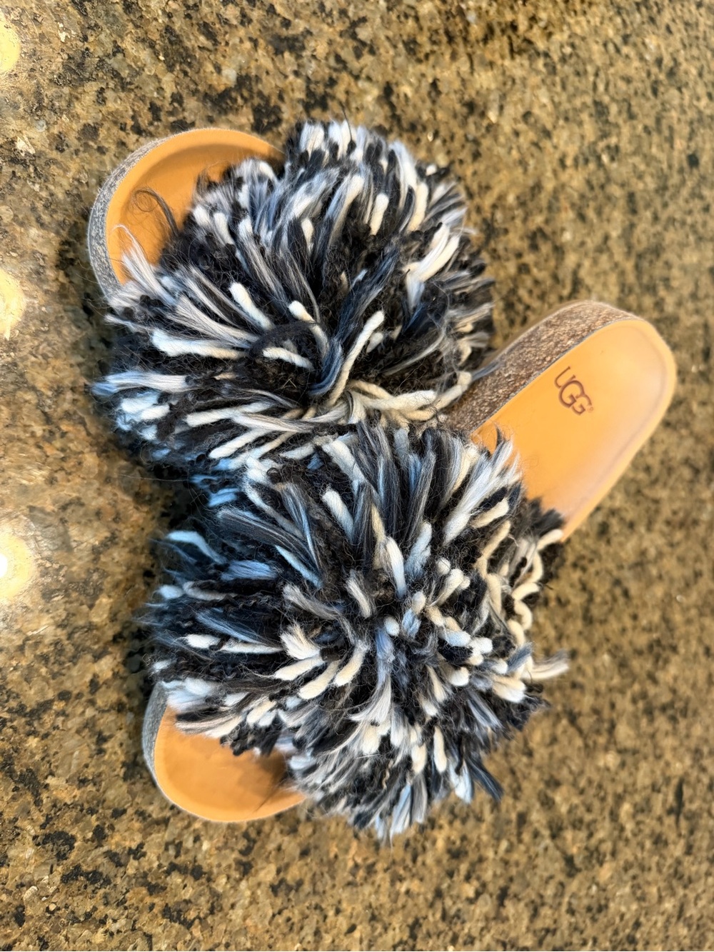 UGG Black and White Pom-Pom Slide Sandals